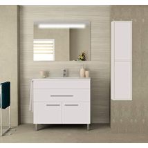Conjunto de mueble de baño SYN – Lavabo cerámico – Espejo retroiluminado LED – Toallero – 60/80 cm – Blanco, Roble Sinatra, Fresno Tea