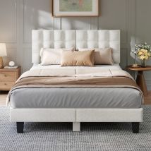 Lit Double 140x190 Cm Havenlyhome - Structure De Lit Avec Sommier À Lattes - Lit Capitonné Avec Tête De Lit - Lit Adulte Pour 2 Personne- Blanc
