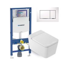 Set Wc Giapponese Sosp. Isla Bianco - Risciacquo Ad Acqua - Asciugatura Ad Aria - Modulo Geberit Duofix 12cm - Placca Comando Doppio Bianca - Mizubath
