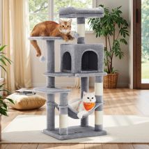 Feandrea – Arbre À Chat Multi-niveaux 112 Cm – 4 Poteaux À Griffer – Hamac Et Grotte Confortables – Pour Jusqu'à 4 Chats – Gris Clair