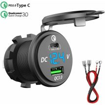 Phasat - Chargeur Rapide Usb C Voiture 12v / 24v Qc 3.0 64w Double Prise Chargeur Usb Étanche Avec Led Voltmètre Pour Voiture Aarine Moto Bateau 