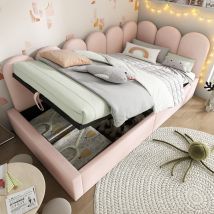 Cama Daybed 90x200 Cm, Cama Tipo Sofá Con Baúl Hidráulico, Láminas Metálicas, Terciopelo Rosa