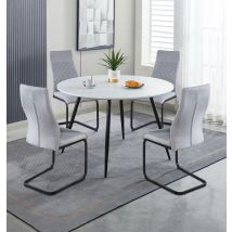 Hallowood Furniture - Cullompton Large Round Dining Table And Chairs Set 4, White Marble Effect Kitchen Table With Grey High Back Fabric Dining Chairs
