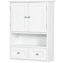 Kleankin - Mobiletto Pensile Bagno 2 Ante Con Ripiano Aperto E 2 Cassetti Bianco