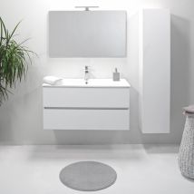Arche' - Mobile Bagno Con Lavabo 100 Cm Sospeso Bianco Con Colonna Specchio E Lampada