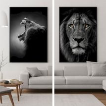 Ensemble 2 Tableaux Lions Verre Trempé Noir Blanc 80x4x120cm
