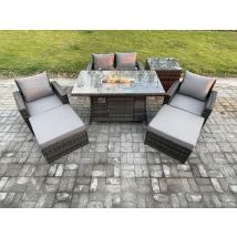 Fimous Gartenmöbel-set Im Freien 6-sitzer Poly Rattan Sitzgruppe Mit Gas Feuerstelle Tisch 2 Großer Fußhocker Beistelltische Dunkelgrau Gemischt
