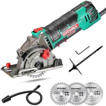 Hychika - Sierra Circular Mini Sierra Circular De Mano 500w 4500rpm, 3 Hojas De Sierra De 30t + 36t+diamente, Ideal Para Cortar Azulejo, Madera, Metal