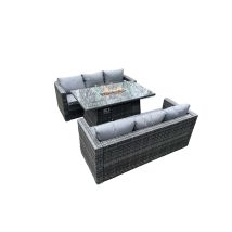 6-sitzer Outdoor Pe Rattan Gartenmöbel Gas Feuer Grube Esstisch Set Lounge Sofa Drei Sitzer Sofa Dunkelgrau Gemischte Terrasse - Fimous