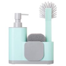 Set Lavello - Spugna, Spazzola, Spatola E Dosatore Di Sapone - 18,5 X 5 X 26 Cm - Monoblocco - Serbatoio Da 350 Ml - No Stripe - Colore Turchese - 