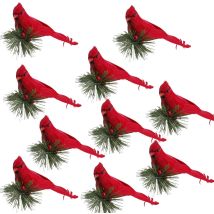 10pcs Clip-on Red Cardinal Birds For Christmas Tree Decoration Red Cardinal Ornaments Artificial Birds With Pine Branches For Christmas Decorations, 