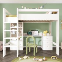 Lit Mezzanine Enfant 90x200 Cm Avec Bureau Usb-c, Armoire Et Meuble De Rangement, Lit Simple Avec Escalier, Sommier À Lattes Et Rangements (sans 
