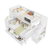 Letto Singolo Per Bambini, Letto A Castello Doppio Con Pannello Graffiti, Scala, Cassetti, 140x200 Cm + 90x200 Cm, Bianco