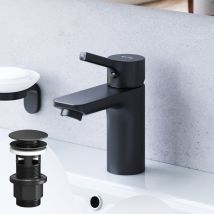 Badarmatur Mit Pop-up Ablaufventil Für Waschbecken Wasserhahn Bad Schwarz Waschtischarmatur Mit Ablaufgarnitur 1 1/4 Zoll Messing Ventil Ablauf - 