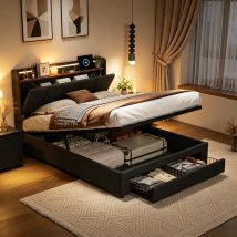 Lit Rembourré 140 X 200 Cm - Avec Tiroirs - Éclairage Led Réglable - Port Usb - Velours - Design Moderne