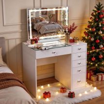 Toeletta Con Illuminazione A Led, Luminosità Regolabile, 6 Cassetti, 92 X 81 X 55 Cm, Specchio Di Cortesia Incluso, Bianco