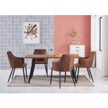 Rocco Lux Zarah Dining Set - Un Tavolo Da Pranzo In Legno Di Quercia E Un Set Di 4 Sedie Da Pranzo In Pelle Marrone - Sala Da Pranzo Cucina