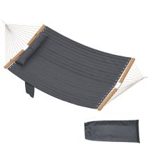 Outdoor-hängematte 200 X 140 Cm, Doppellagig Mit Kopfstütze, Zeitschriftentasche, Spreizstangen Aus Holz, Tragkraft Bis 200 Kg