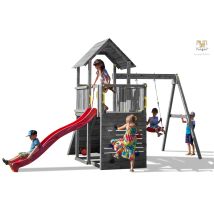 Fungoo Spielturm "carol 3", Grau, Mit Rutsche, Schaukel, Kletterwand, Rampe Und Holzdach