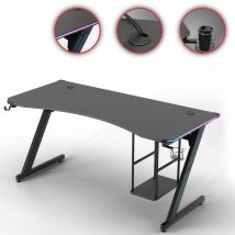 Gaming Tisch Gizmo – LED-Beleuchtung – 120 x 66 x 74 cm – Höhenverstellbare Füße – Inklusive Headsethalter und Getränkehalter