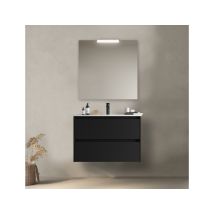 Caesaroo - 80 Cm Hängender Badezimmerschrank Aus Satinschwarzem Holz Mit Eingebautem Waschbecken – Nova - Mit Spiegel Und Led Lampe