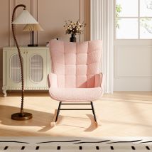 Pink Teddy Bear Plush Rocking Chair, Square Tufted High-backed Cushioned Rocking Chair With Wooden Rocking Rod, Suitable For Bedroom, Nursery, And 