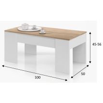 Mesa Centro Elevable Roble y Blanco – 45-56 cm Alto x 100 cm Ancho x 50 cm Profundidad – Tablero de partículas melaminizado