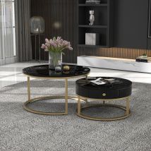 Round Coffee Tables With Drawer, Nesting Tables With Storage Gold Metal Frame Legs And Marble Pattern (non-rock Slab)top For Living Room, Bedroom, 