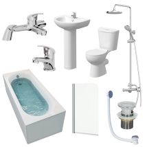 Essentials - Bathroom Suite 1700mm Single Ended Bath Toilet Basin Pedestal Taps Shower Waste
