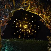 Lampion solaire décoratif Pluie d'Etoiles – 84 LEDs – Couleur de la lumière : blanc chaud, bleu, rouge – Longueur : 3 m – Guirlande solaire