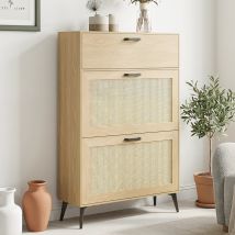 Adwolt Meuble À Chaussures En Rotin,meuble Chaussure Entree, 3 Portes, 12 Paires, 80 X 24 X 99 Cm,couleur De Bois,naturel