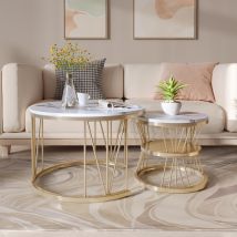 Lot De 2 Table Basse Gigogne Ronde, 70 Cm - Plateau Brillant En Bois Effet Marbre Pvc Et Pieds Métal, Design Industriel - Doré