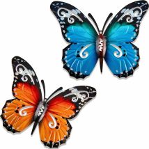 Sunflower - 2 Pieces Large Metal Butterfly Garden Decorations Outdoor Metal Butterfly Wall Art Outdoor For Exterior Walls Fences, 27 X 22 Cm (blue And