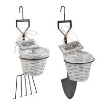 URBN-GARDEN – Hanging Flower Basket – Woven Wicker – 2 Pots – Spade & Rake Design – 50 H x 15 W x 15 D cm