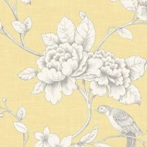 Grandeco - Ellis Yellow Wallpaper Floral Birds Linen Effect Metallic