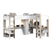 Letto Matrimoniale Angolare A Soppalco 2 X 90 X 200 Cm Con Vani E Scrivania Bianco E Naturale - Lascano