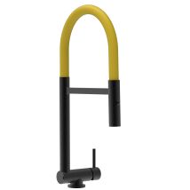 Rubinetto Abbattibile A Soli 4,5 Cm, Miscelatore Cucina Nero Opaco Per Sottofinestra Canna Gialla Movibile E Doccia Due Getti Staccabile