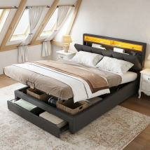 Doppelbett Mit Stauraum 140x190, Polsterbett Mit Verstellbarem Led-kopfteil - Große Schubladen, Stauraum, Leinenoptik, Grau