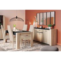 Ensemble Salle À Manger 6 Places – Table 170x90 Cm Et Buffet 3 Portes – Chêne Kronberg Et Décor Sidewalk – Rangement Optimisé – Demeyere