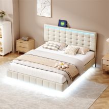 Cama Doble 160x200 Cm Con Luces Led Para Adulto - Marco De Cama Flotante Con Somier De Lamas Y Cabecero Con 2 Puertos Usb - Beige