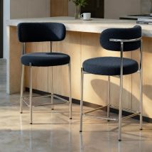 Lot De 2 Tabourets De Bar H65cm Rembourrés Bouclette Bleu Nuit Et Pieds Chromés Nova