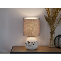 Trio - Tischleuchte Esna Keramik-sockel Schriftzug Home Stoffschirm Braun, Höhe 31cm