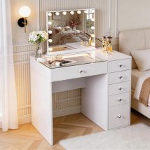 Fenchilin Dressing Table With Led Lighting, Dimmable, 6 Drawers, 92 X 81 X 55 Cm, Including A Vanity Mirror, White