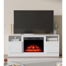 147cm W Tv Stand Cabinet With 23" Fireplace Insert, Highlight Door Cabinet, Media Entertainment Center With 2 Open Shelves, Long Table For Living Room