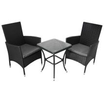Set Mobilier Bistro Luxe 3 Pièces Rotin Table Verre Trempé 2 Chaises Confortable Terrasse Jardin Salon De Jardin Noir Bistrot Set Parisien - Terrasse 