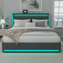 Letto Per Adulti 140x190 Con 4 Cassetti Contenitore - Letto Matrimoniale Con Testiera Led Rgb E Ricarica Usb/usb-c - Design Moderno In Tessuto Grigio 