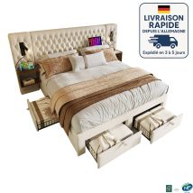 Modfu - Cama Adulto 160x200cm Con 2 Mesitas De Noche, 4 Cajones, 2 Lámparas De Lectura, Usb+tipo C, Cama Doble Tapizada, Sin Colchón, Terciopelo, 