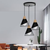 3 Flammig Hängelampen, Moderne Industriell Kronleuchter Im Badminton-form, Deckenlampen Mit Metall Holz Lampenschirm Für Wohnzimmer Esszimmer (schwarz