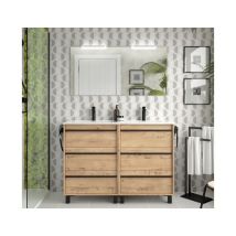 120 Cm Badezimmer-standschrank Aus Ostippo-eichenholz Mit Aufsatzwaschbecken Aus Porzellan - Astoria - Mit Doppelspiegel Und Led Lampe - Accessorio: 