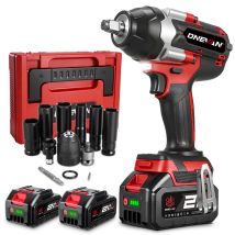 Onevan Clé À Chocs Sans Fil Brushless 1000 Nm,3 Vitesses,1/2 " Boulonneuse A Choc Avec Deux 3.0ah Batterie Et 12 Accessoires,pour La Voiture Et La 